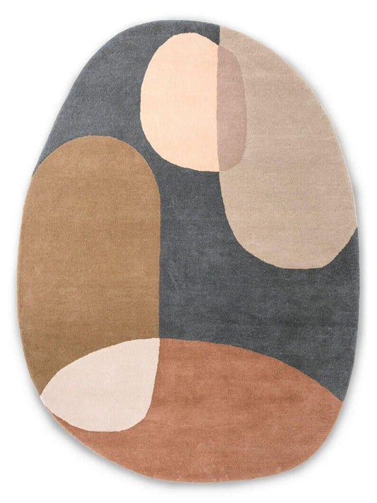 Oval rug with abstract design in brown, beige, and gray on a white background