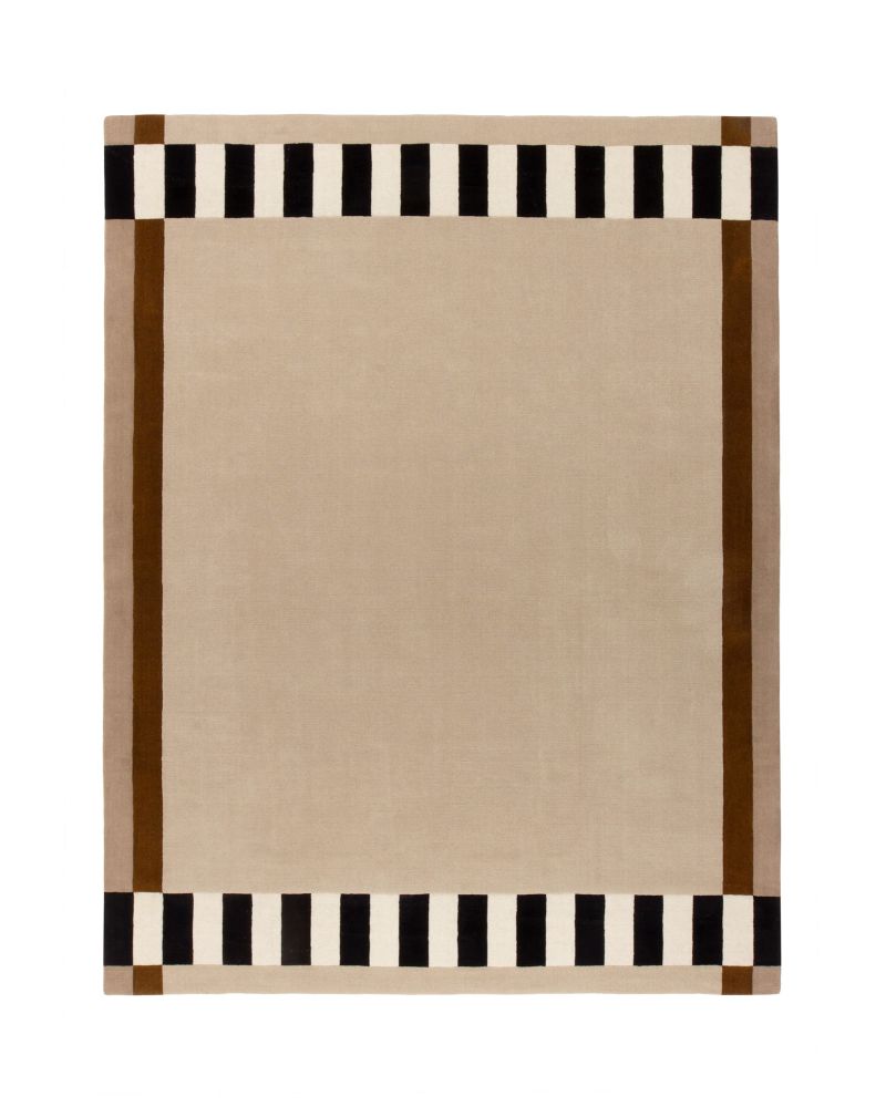 Hand-tufted beige wool rug with black and white checkerboard border and brown accents