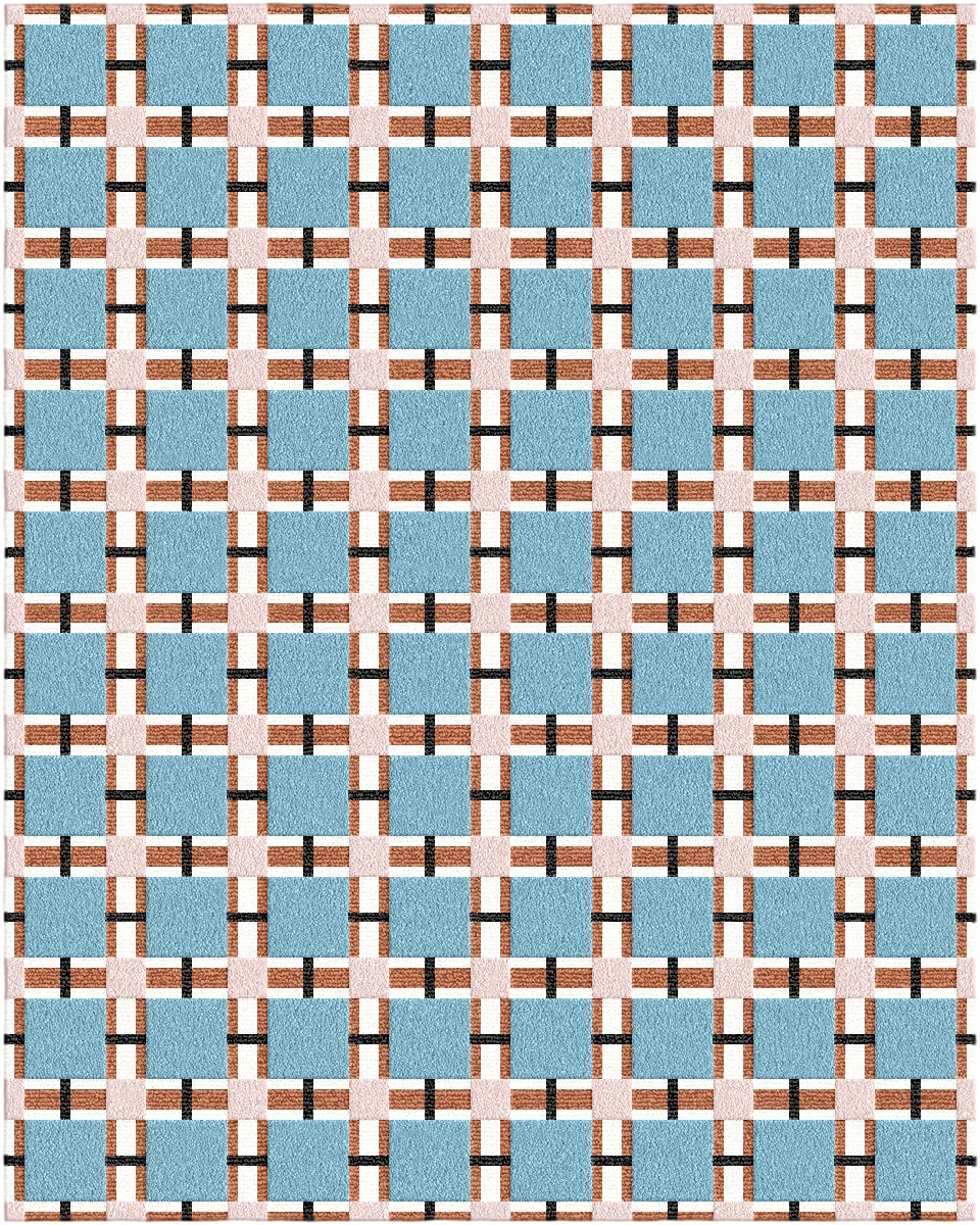 Plaid patterned rug with blue, brown, and beige colors