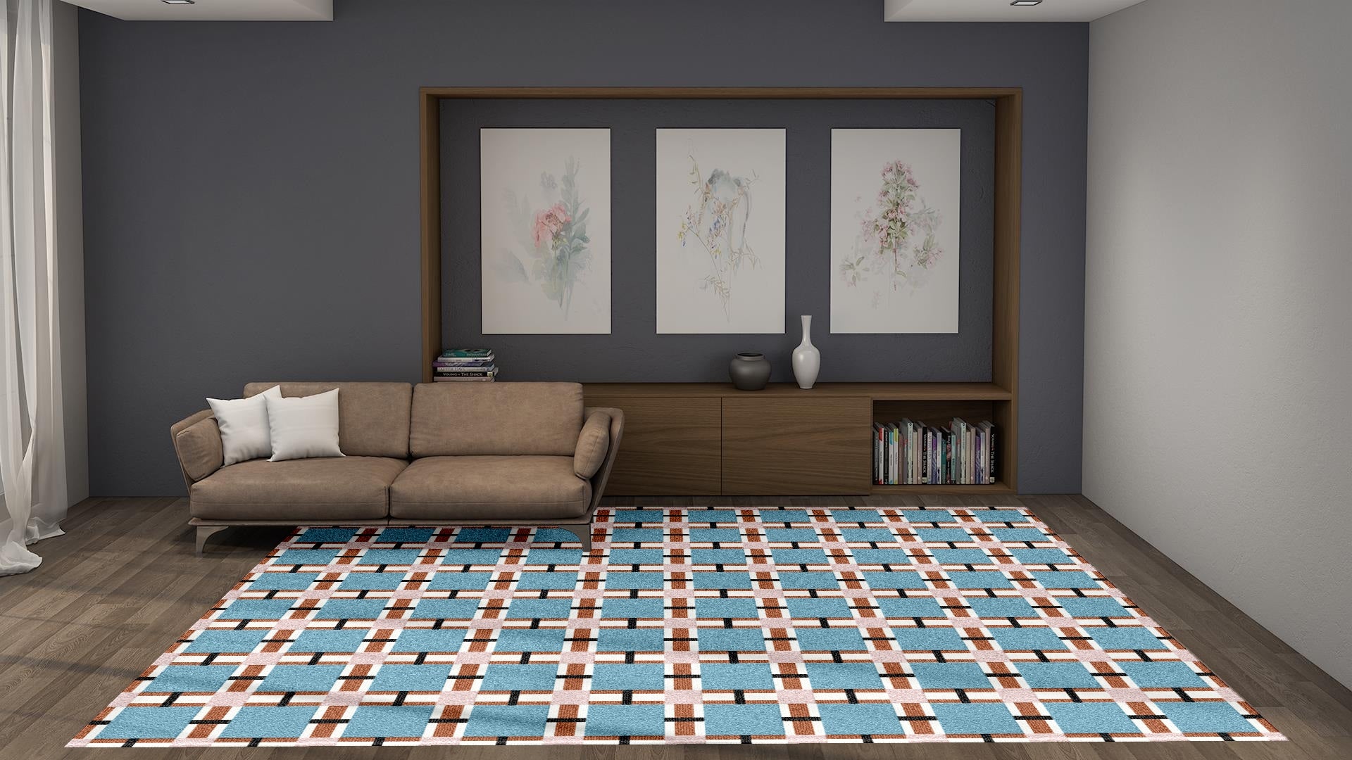 blue checkered grid, rust accents and the setting (dark-walled living room