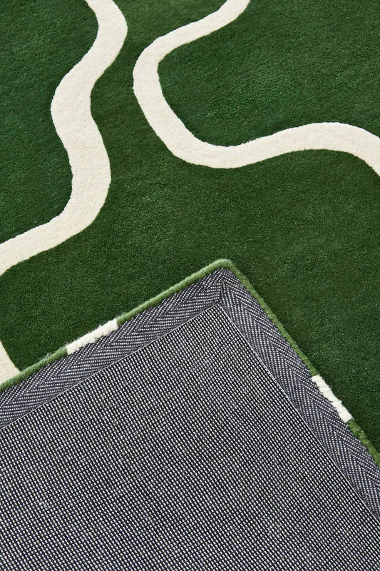 Hand-Tufted Wool Rug – Green & Cream Abstract Curve Design | 9x12