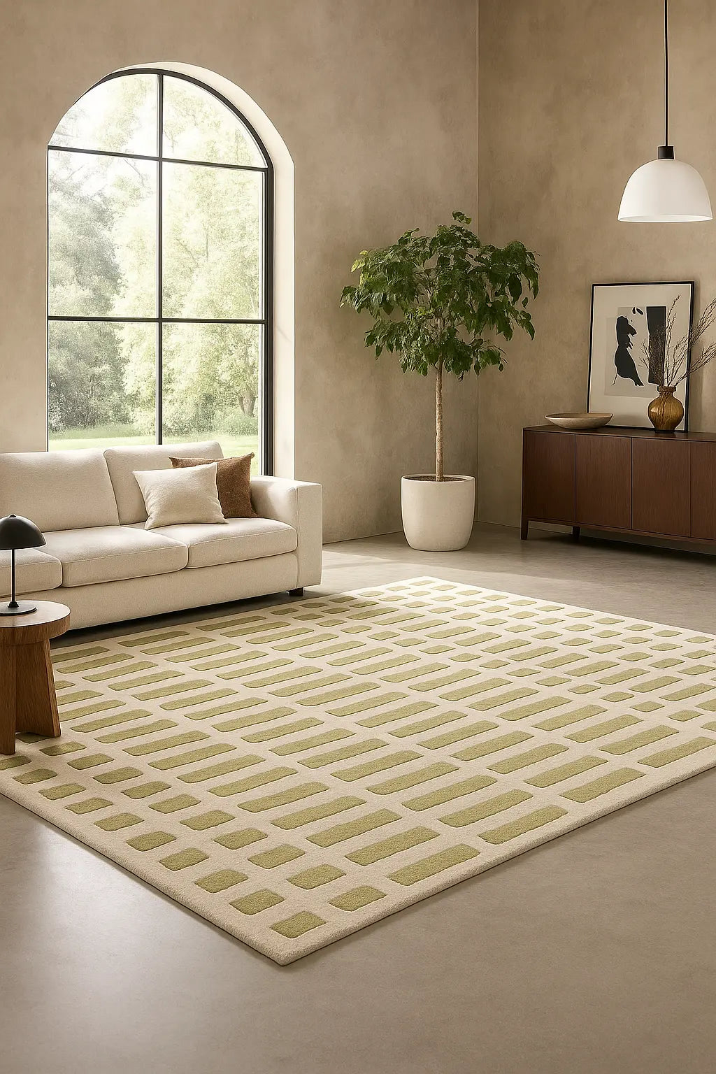 Large hand-tufted wool rug with an olive green grid pattern on an ivory base in a modern, sunlit living room.
