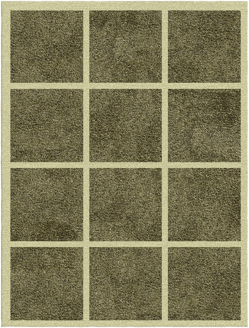 Grid pattern of green hand-tufted rug squares on a beige background