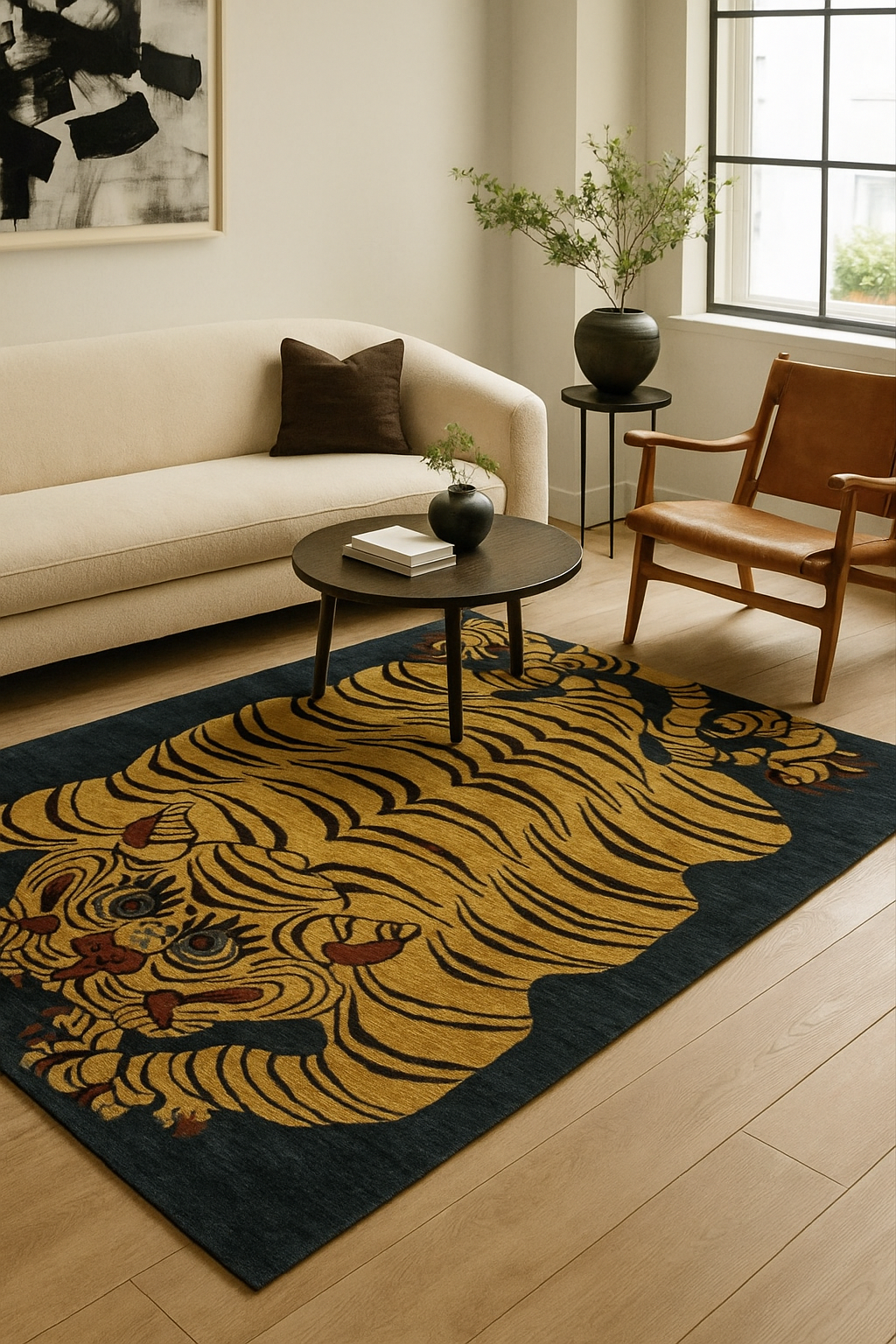 Hand-Tufted Wool Tiger Rug – Tibetan Style Animal Carpet | Bold Yellow & Black | Unique Statement Rug for Living Room or Bedroom