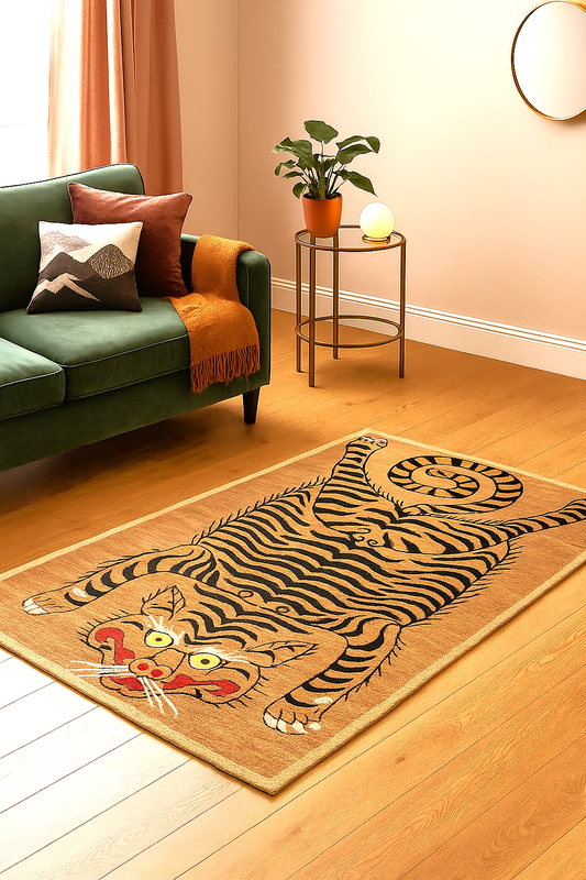 Hand-Tufted Tibetan Tiger Rug – Coiled Tail Design in Wool (5x7 ft) (9x12 ft)