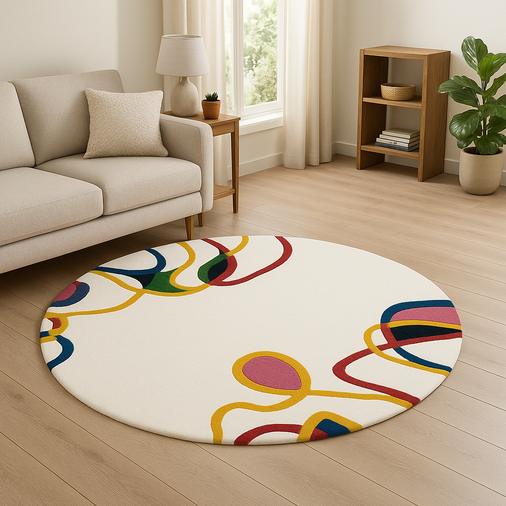 Ivory round hand tufted rug with colorful burgundy mustard blue green and purple abstract curved lines