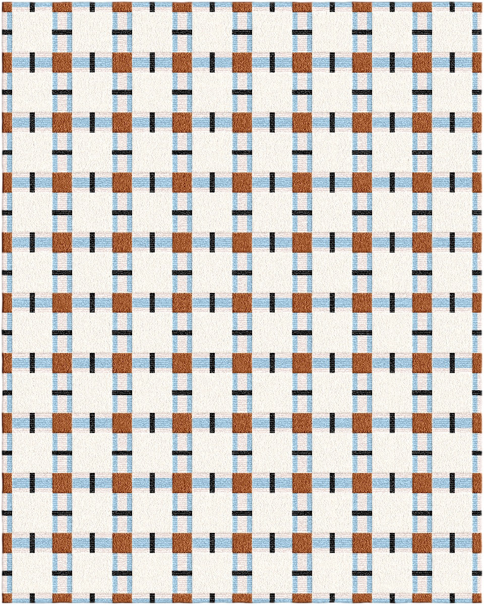 Plaid pattern with brown, blue, and black lines on a white background