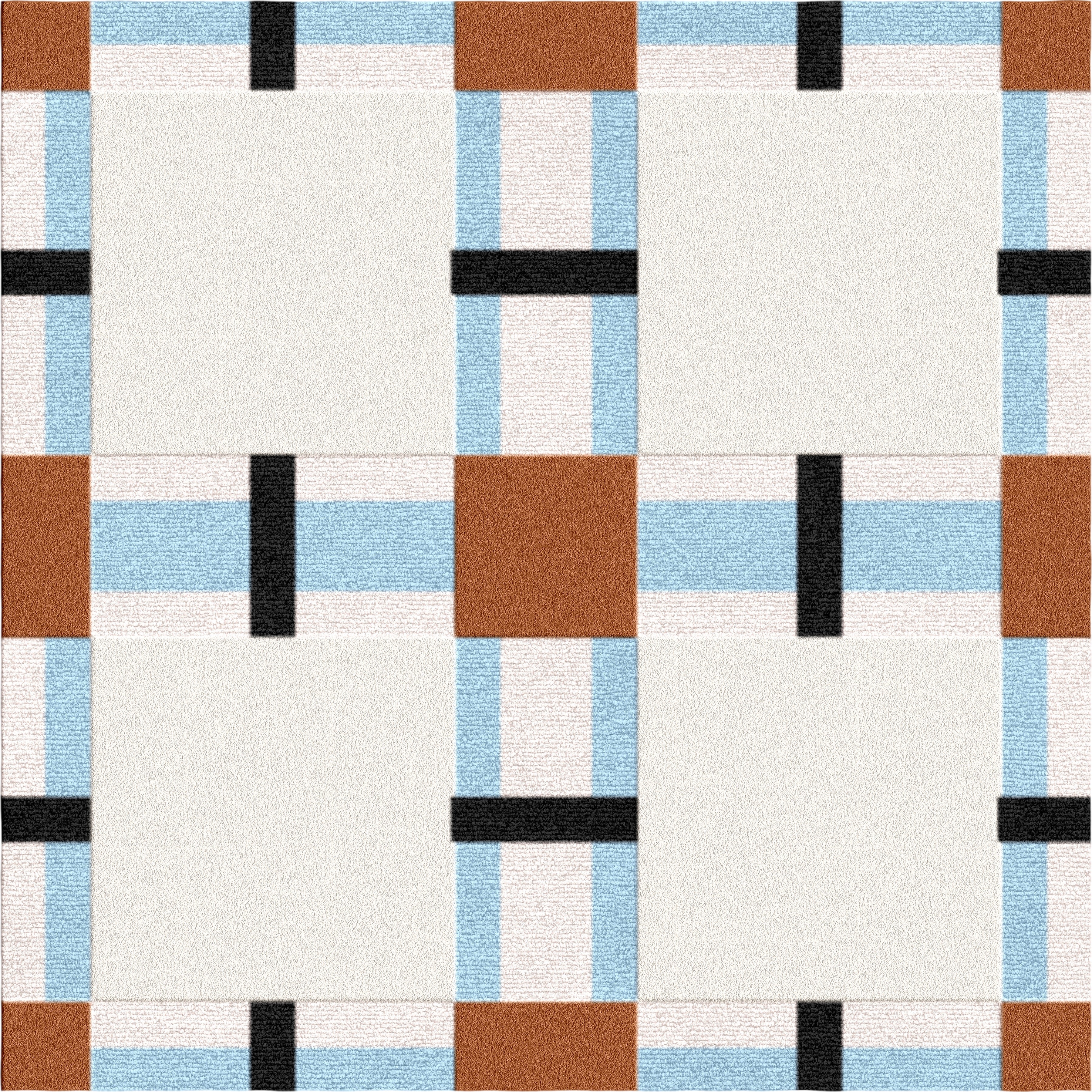 Patterned rug with geometric design featuring squares in brown, blue, and black on a white background.