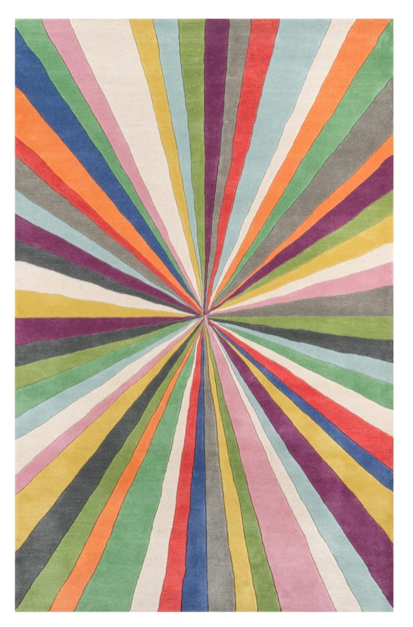 Multicolored sunburst pattern rug with vibrant colors on a white background
