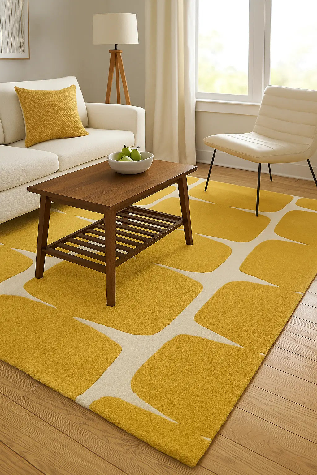 Hand-tufted rectangular wool rug featuring a bold mustard yellow and ivory retro block pattern in a modern living room setting.