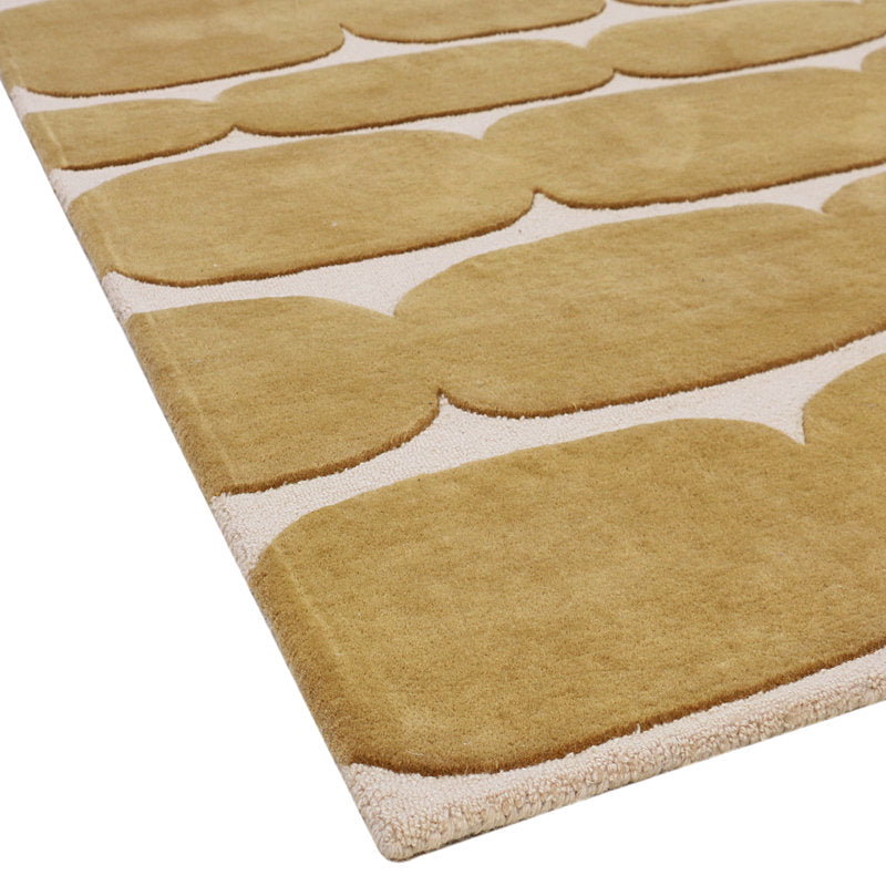 Modern Hand-Tufted Wool Rug – Geometric Oval Pattern in Mustard & Cream