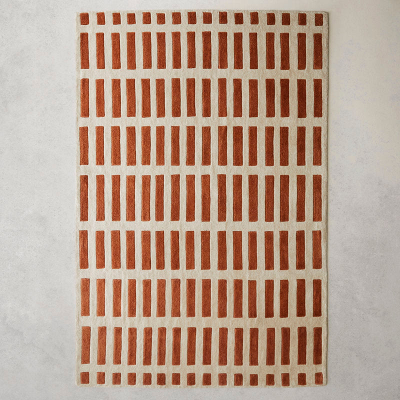 Hand-Tufted Wool Rug – Linear Grid Pattern in Rust and Cream