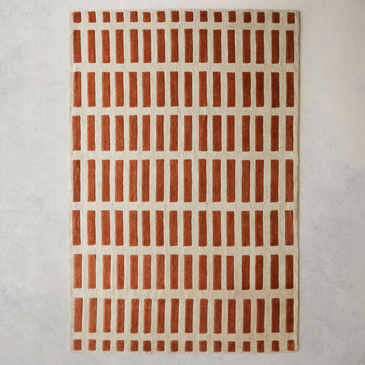 Hand-Tufted Wool Rug – Linear Grid Pattern in Rust and Cream