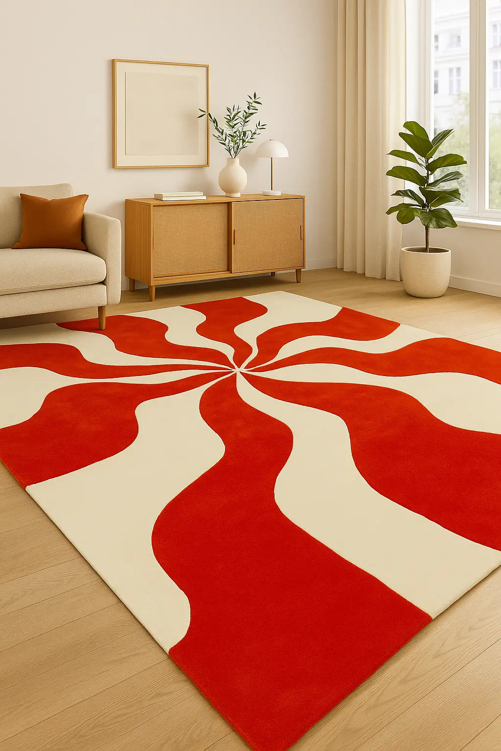 Hand-tufted rectangular wool rug featuring a bold orange and ivory wavy swirl pattern in a bright, mid-century modern living room.
