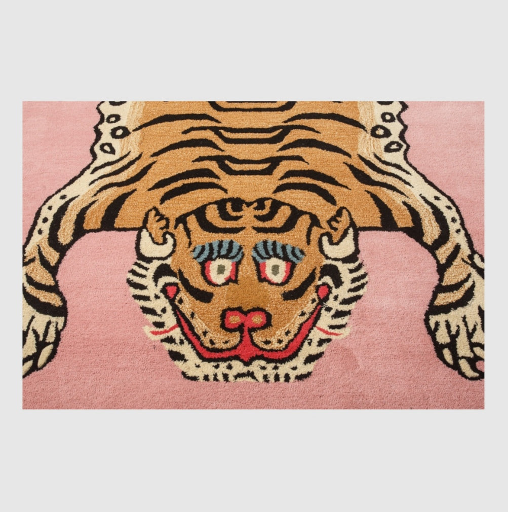 Hand-Tufted Tiger Rug – Pink Background | Bold Animal Motif Carpet