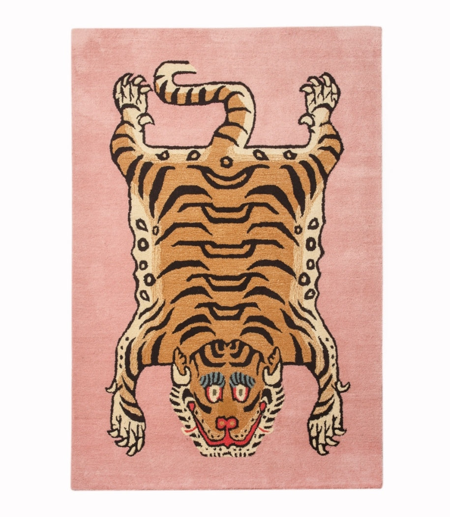 Hand-Tufted Tiger Rug – Pink Background | Bold Animal Motif Carpet
