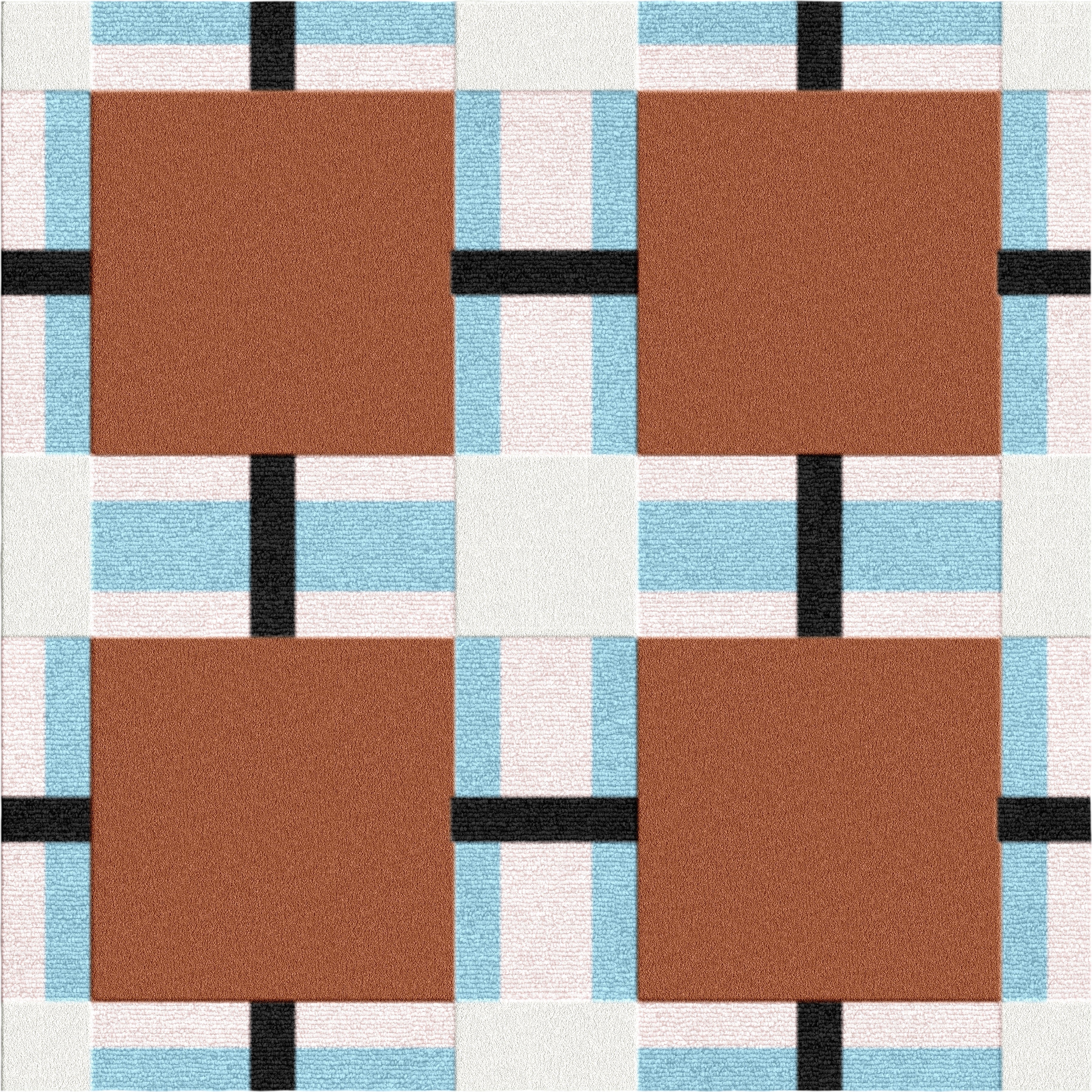 Patterned rug with brown squares, blue and black lines on a white background