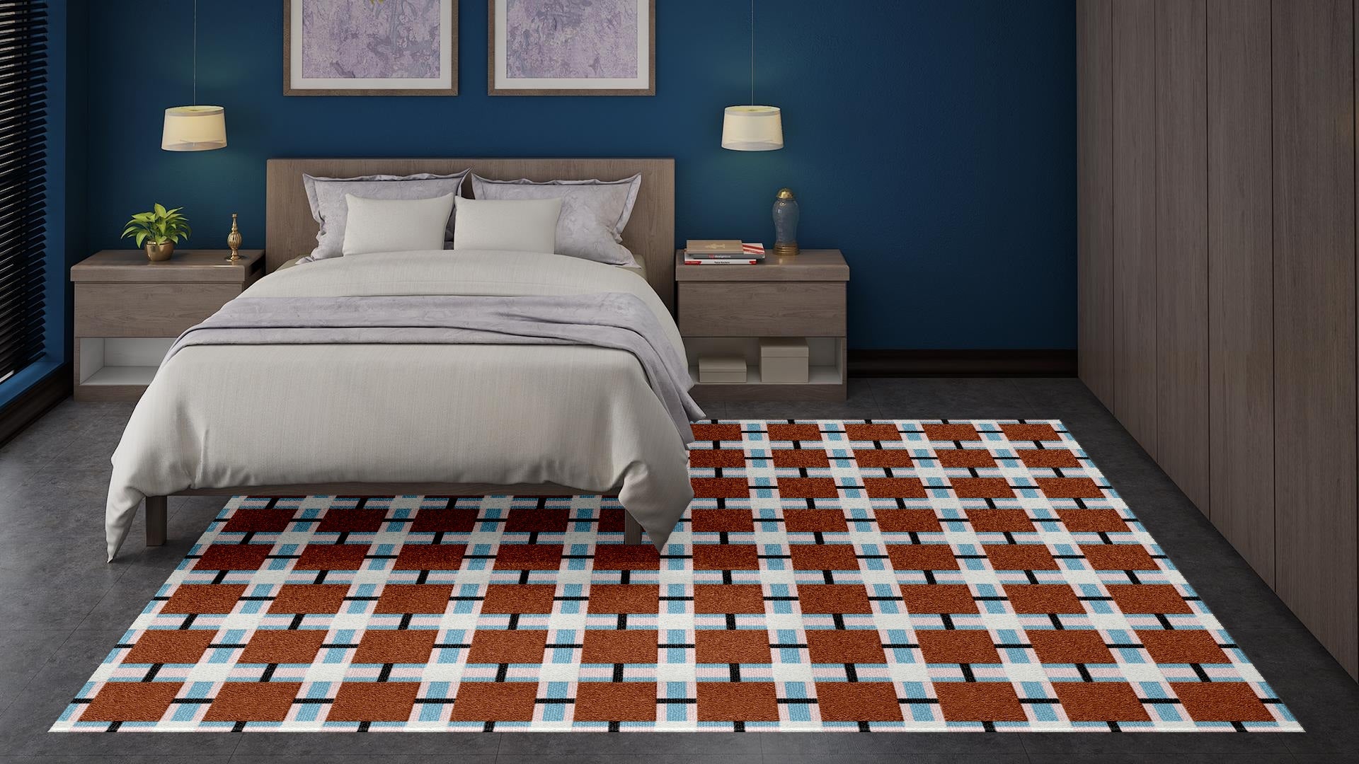Hand-tufted wool rug with modern grid checker pattern in rust brown and sky blue placed in a bedroom