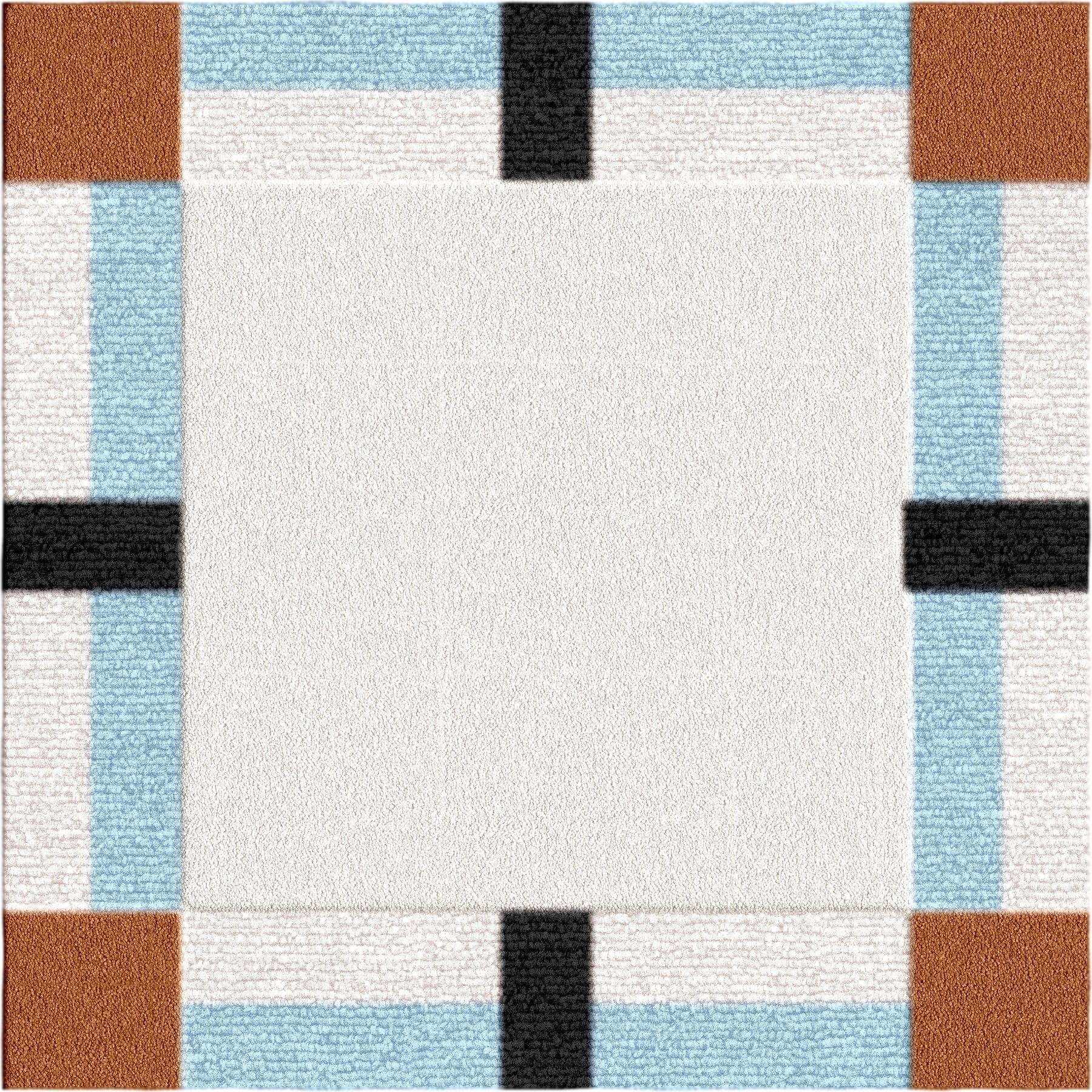Close-up of hand-tufted wool rug with rust brown and sky blue grid pattern on ivory base