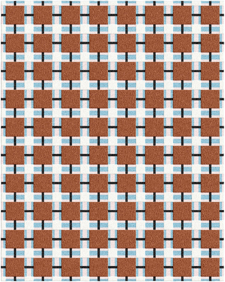 Modern Grid Pattern Rug – Rust Brown & Sky Blue Checker Design | Hand-Tufted Wool Carpet