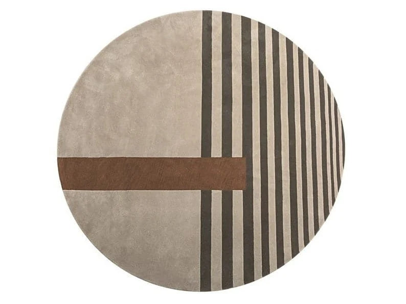 Taupe round hand tufted rug with charcoal vertical stripes and a horizontal brown geometric band