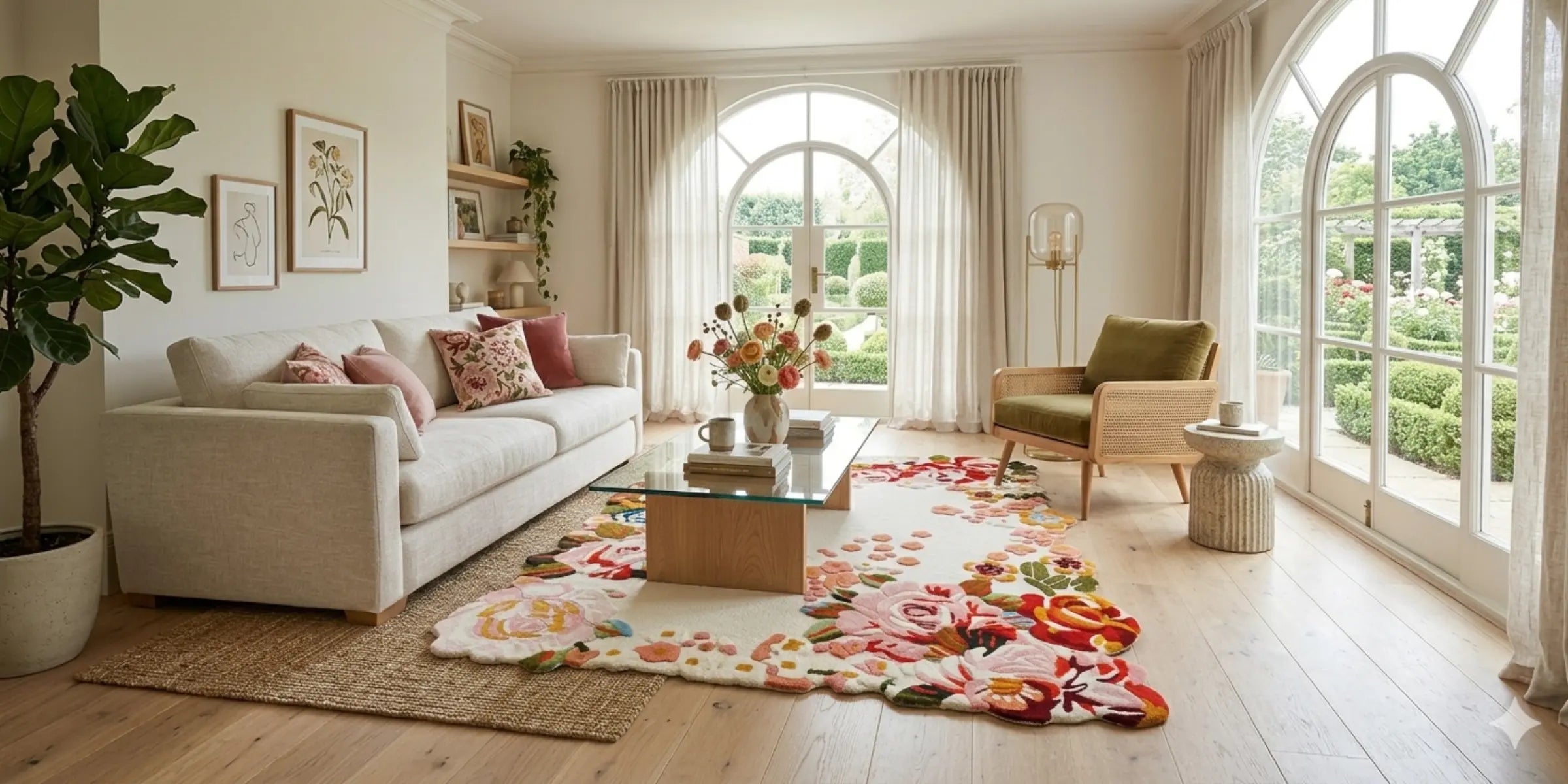 A hand-tufted rectangular rug with a retro geometric pattern featuring bold, concentric arches and linear stripes in earthy brown and beige tones, styled in a modern living room.