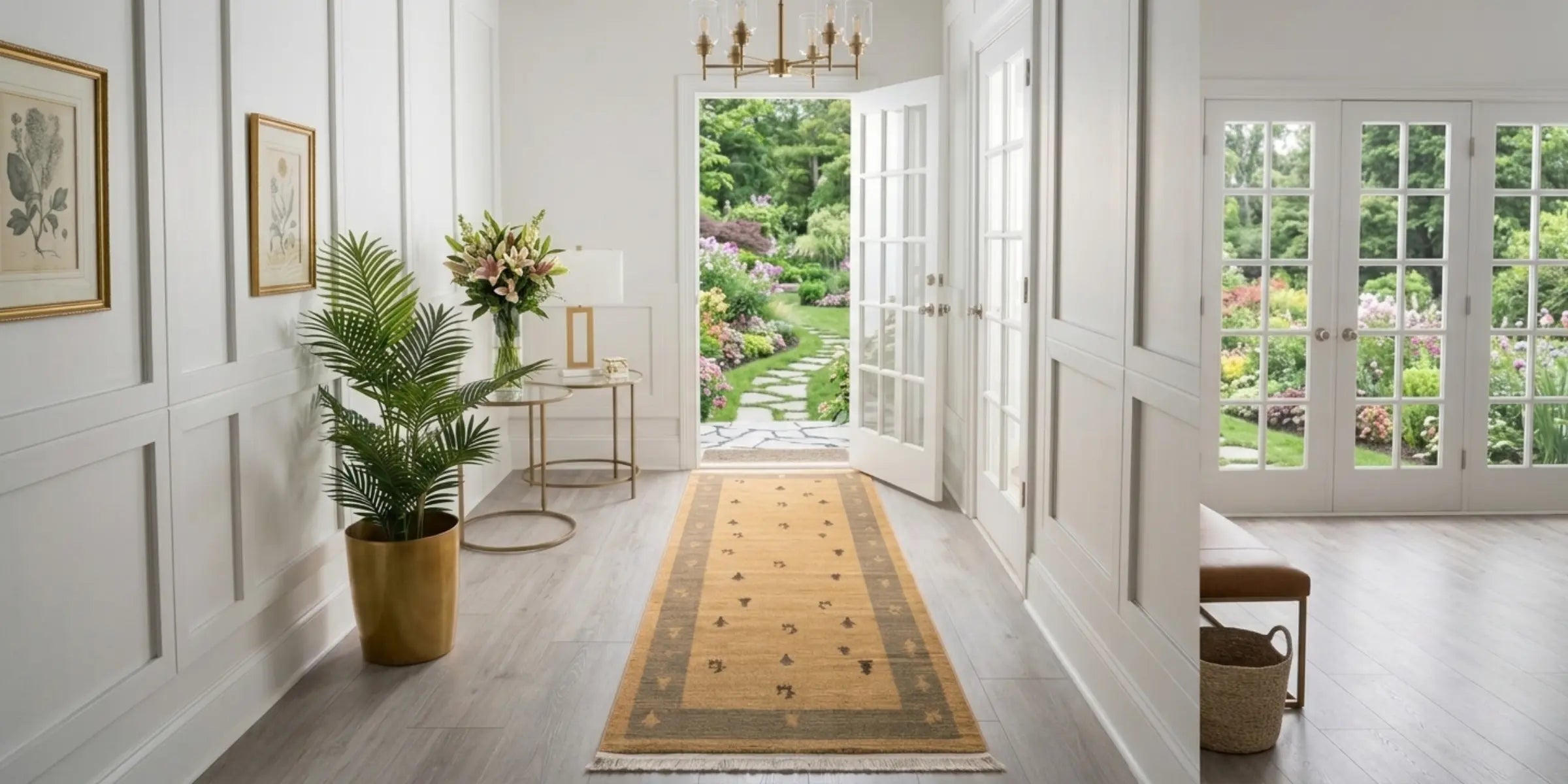 Hand-woven jute runner rug with charcoal border and tribal motifs in a white hallway.