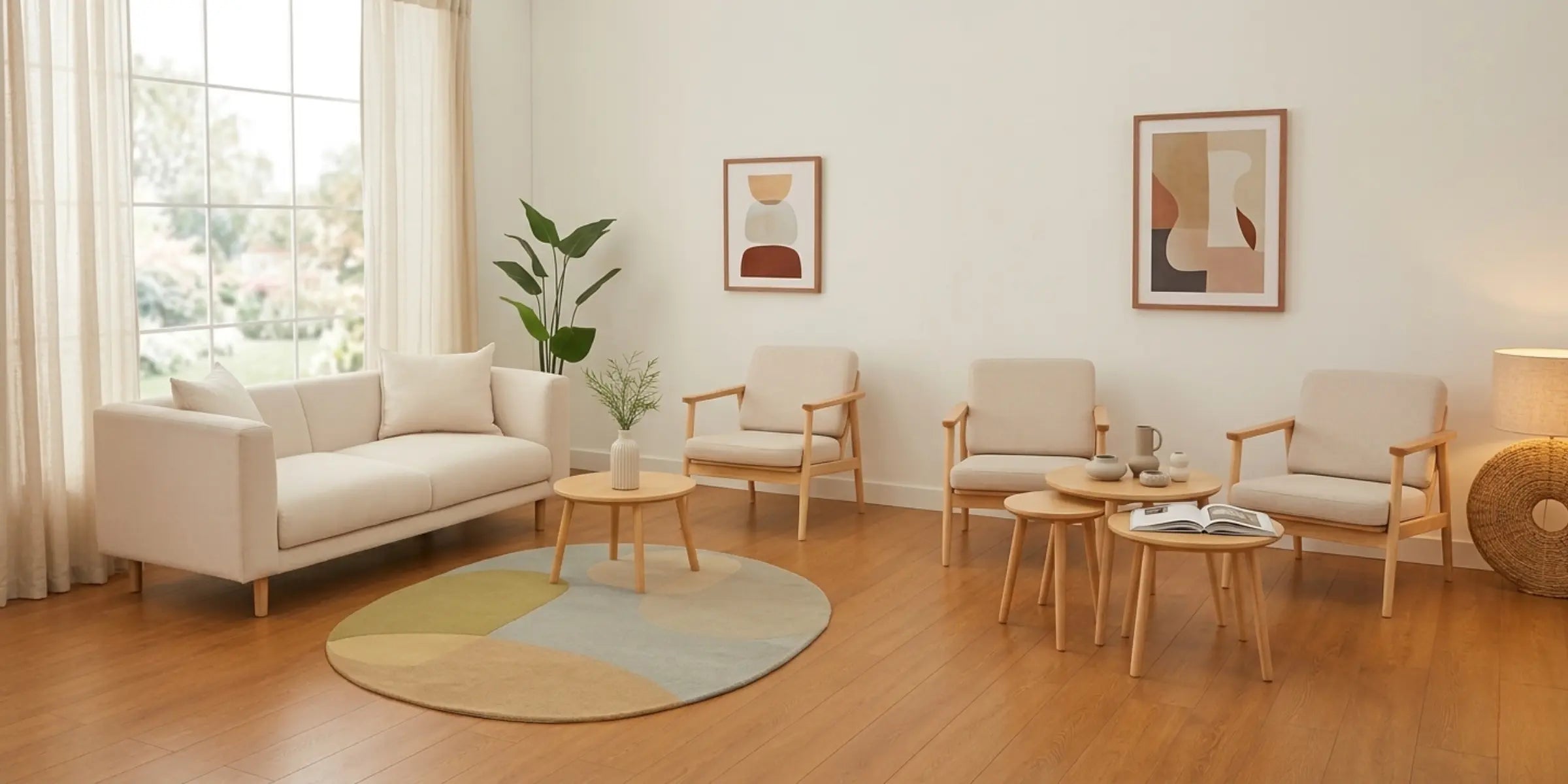 Round red and white custom rug with a wavy scalloped edge and abstract starburst design.