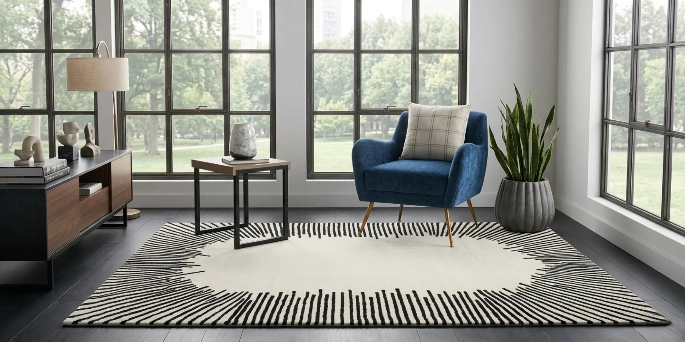 Buy hand tufted wool rug featuring a modern black and white design for living room interiors