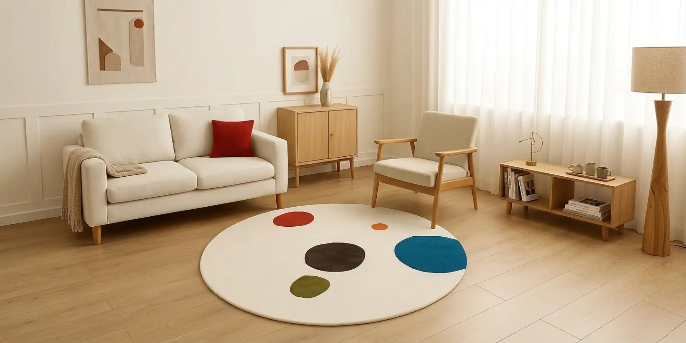 Round handmade rug in a soft blue tone, styled in a modern living room with minimalist furniture