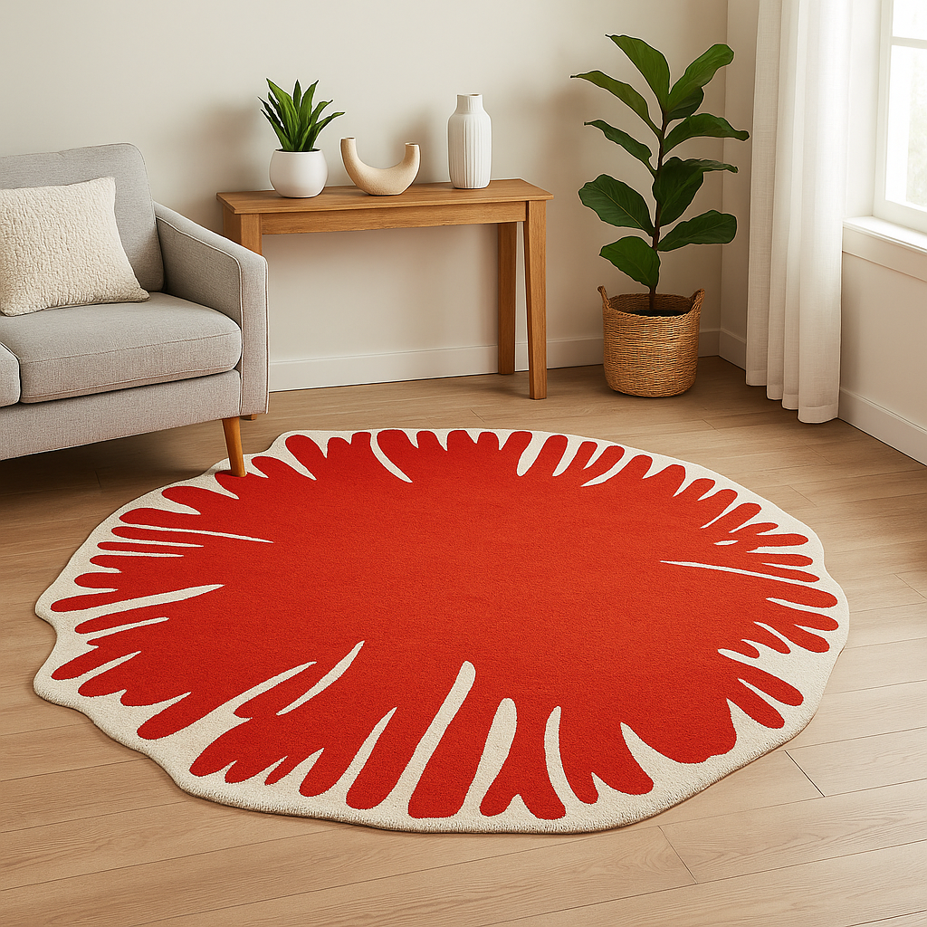 Round red and white custom rug with a wavy scalloped edge and abstract starburst design.