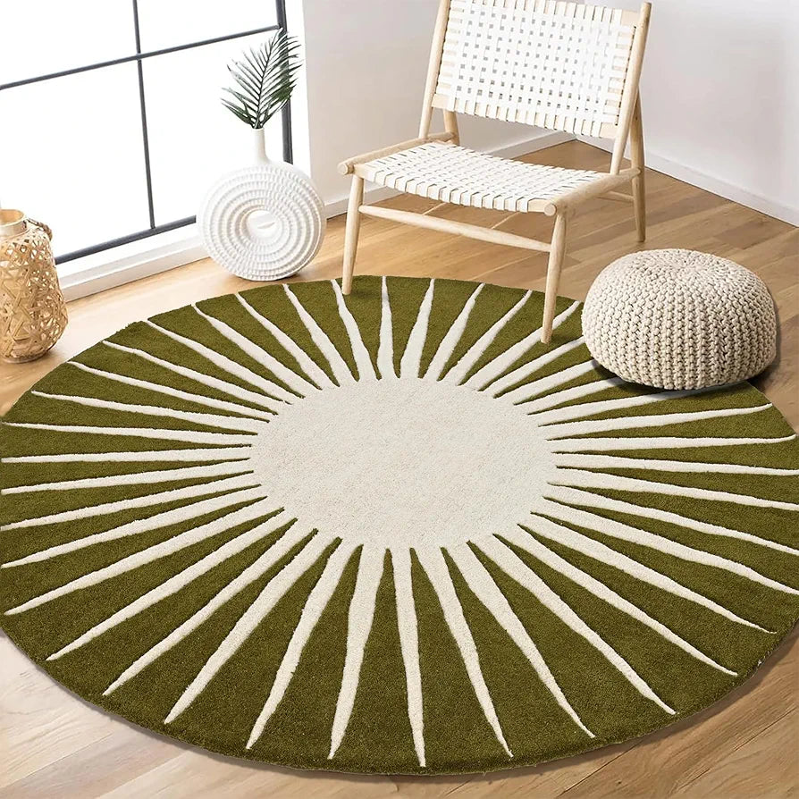Olive Green Sunburst Round Rug – Hand-Tufted Wool | Earthy Modern Decor