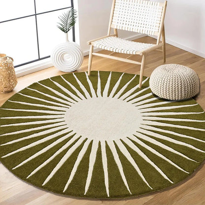 Olive Green Sunburst Round Rug – Hand-Tufted Wool | Earthy Modern Decor