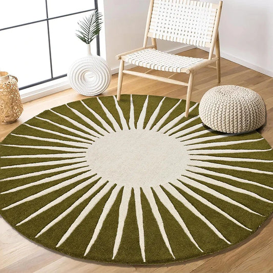 Olive Green Sunburst Round Rug – Hand-Tufted Wool | Earthy Modern Decor