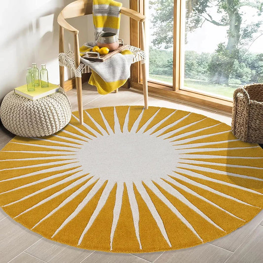 Mustard Yellow Sunburst Round Rug – Hand-Tufted Wool | Warm Modern Accent