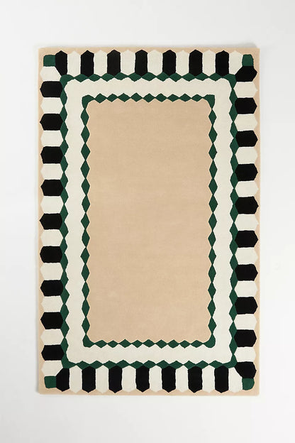 Hand-Tufted Wool Rug – Beige with Double Geometric Border (Black, White & Green)