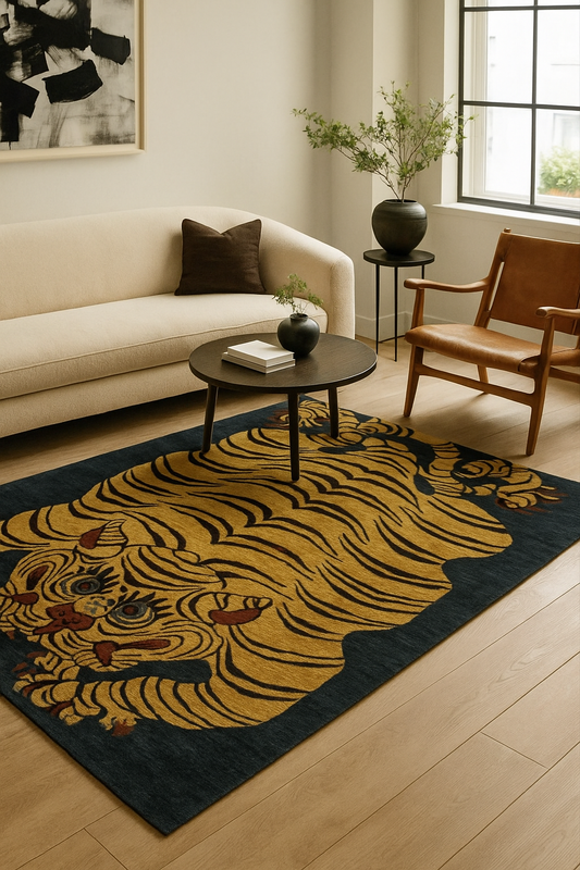 Hand-Tufted Wool Tiger Rug – Tibetan Style Animal Carpet | Bold Yellow & Black | Unique Statement Rug for Living Room or Bedroom
