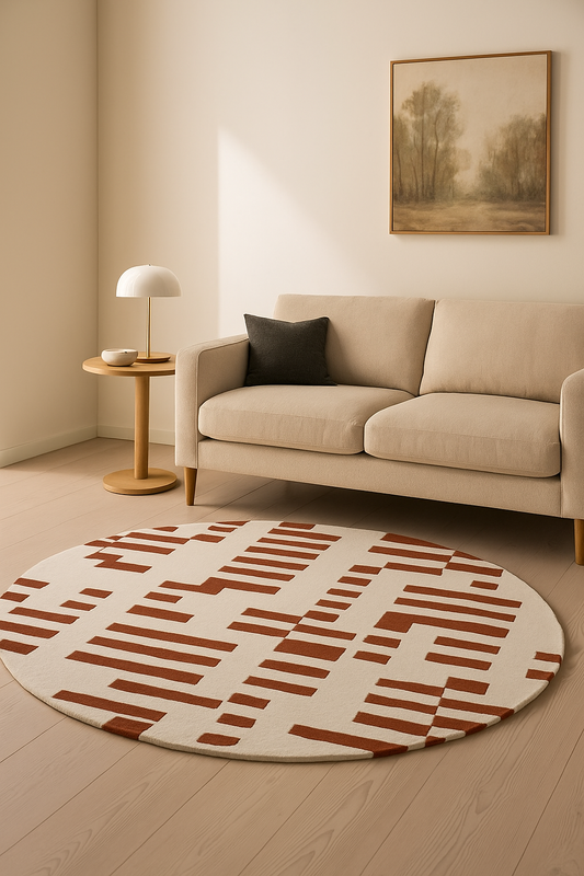 Modern Geometric Round Wool Rug – Brick Red Pattern on Cream – Hand-Tufted Accent Carpet
