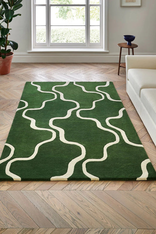 Hand-Tufted Wool Rug – Green & Cream Abstract Curve Design | 9x12