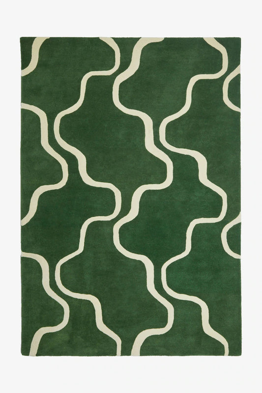 Hand-Tufted Wool Rug – Green & Cream Abstract Curve Design | 9x12