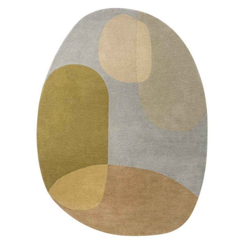 Round rug with abstract design in gray, beige, and green on a white background