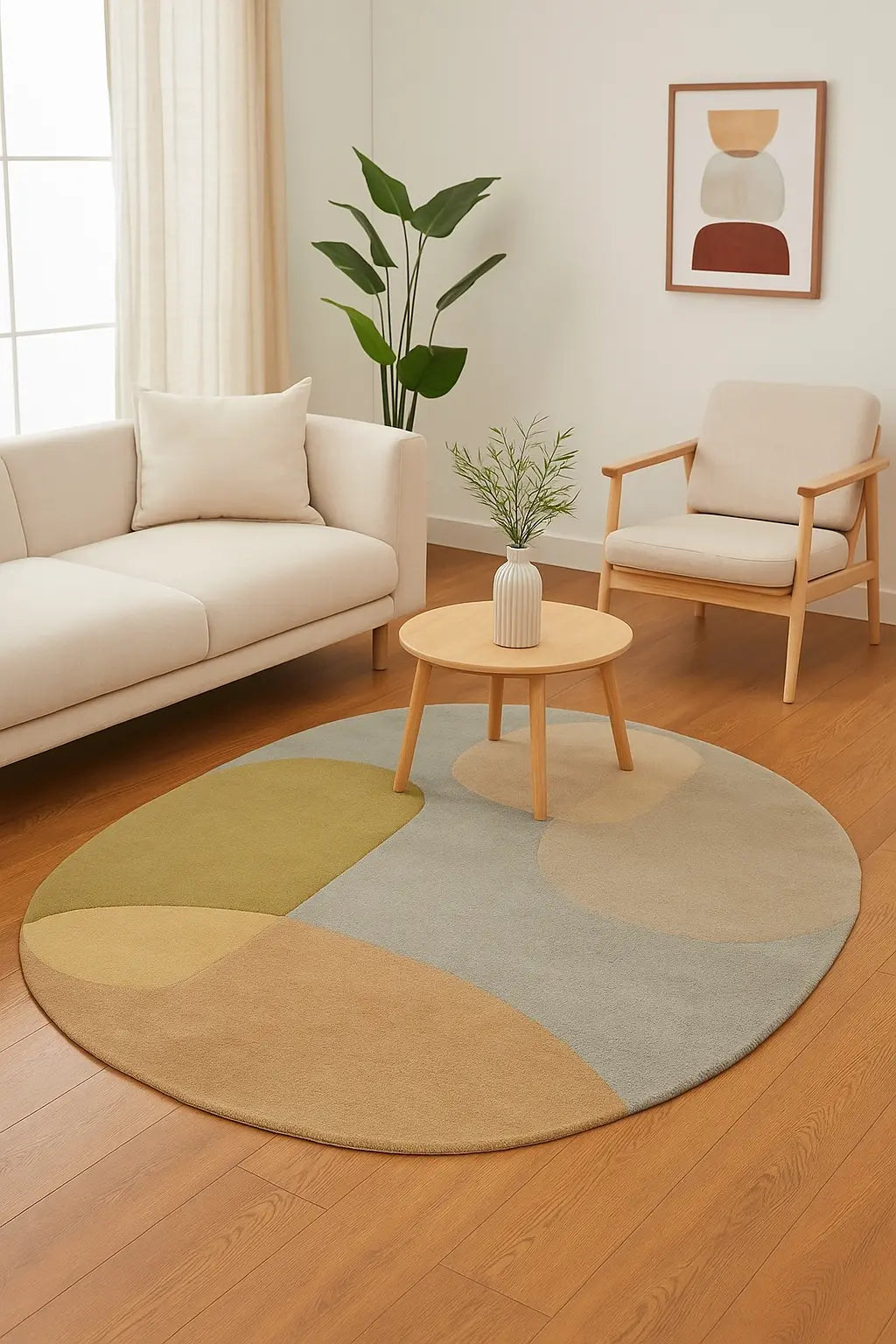 Round multicolored rug on a wooden floor with a sofa, chair, and small table in the background.