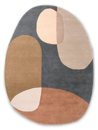 Oval rug with abstract design in brown, beige, and gray on a white background