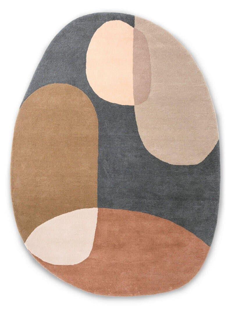 Oval rug with abstract design in brown, beige, and gray on a white background