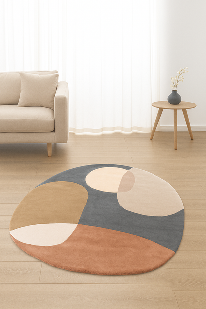 Hand-tufted multicolor abstract wool rug in an oval shape, featuring terracotta and taupe color blocks.