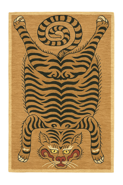 Hand-Tufted Tibetan Tiger Rug – Coiled Tail Design in Wool (5x7 ft) (9x12 ft)