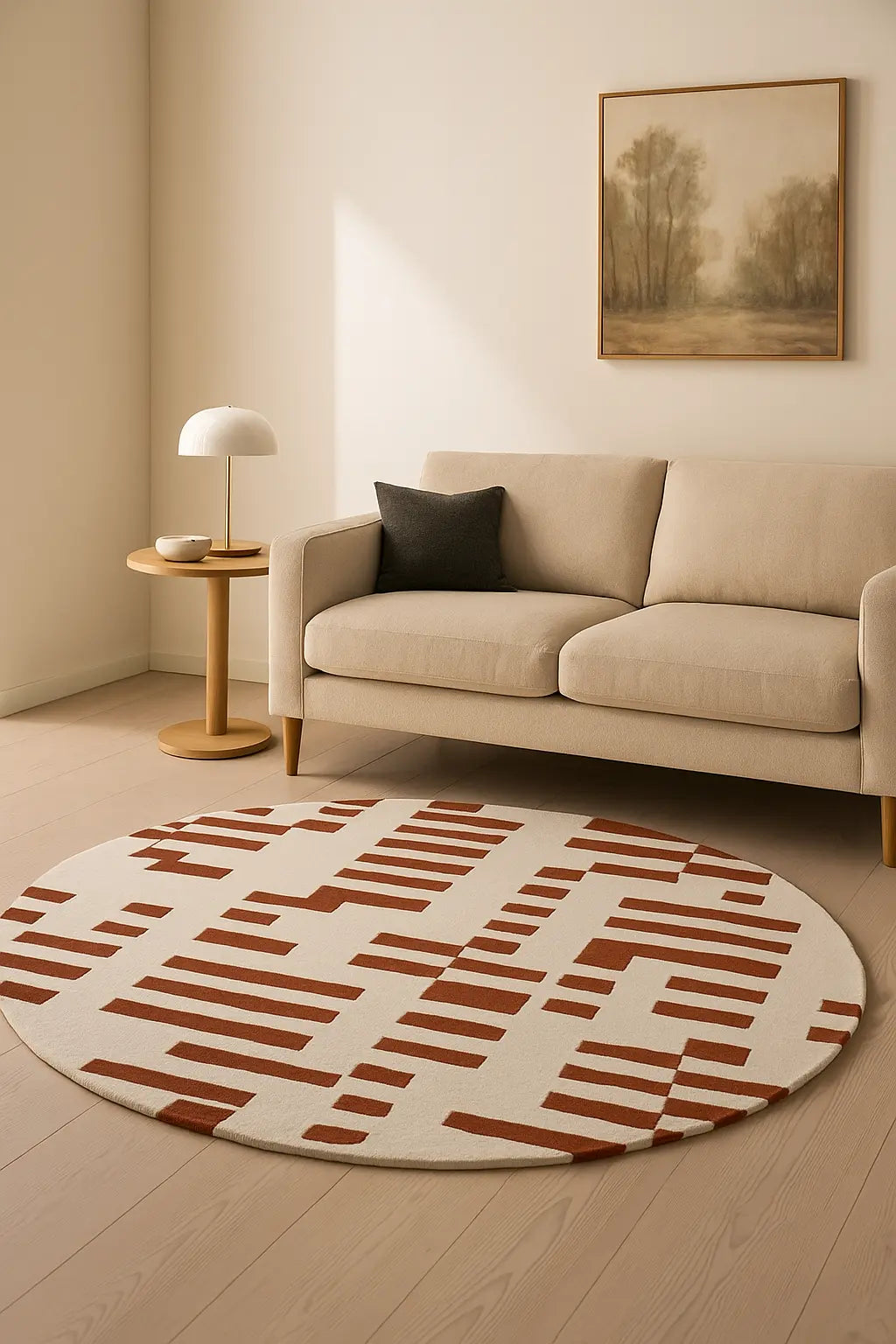 Round hand-tufted wool rug with a brick red geometric bar pattern on a cream background in a minimalist living room