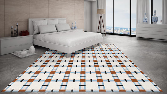 Checkered Hand-Tufted Wool Rug – Ivory, Rust & Blue | Modern Grid Design by DeKnots