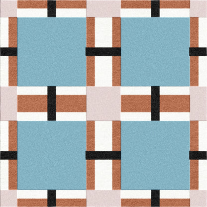 Blue Grid Geometric Rug – Hand-Tufted Wool Carpet with Rust & White Accents | Modern Checkered Pattern