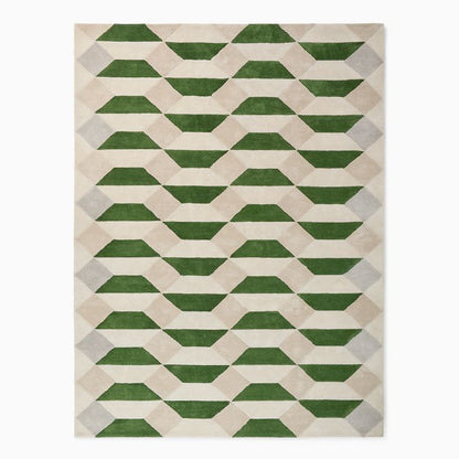 Hand-Tufted Wool Rug – Green & Neutral 3D Geometric Pattern
